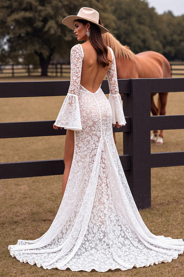 White Lace Mermaid Wedding Dress with Slit